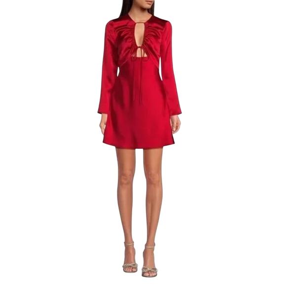 Gianni Bini Dresses & Skirts - Gianni Bini Raini Satin Tie Front Long Sleeve A-Line Red Dress Size 2